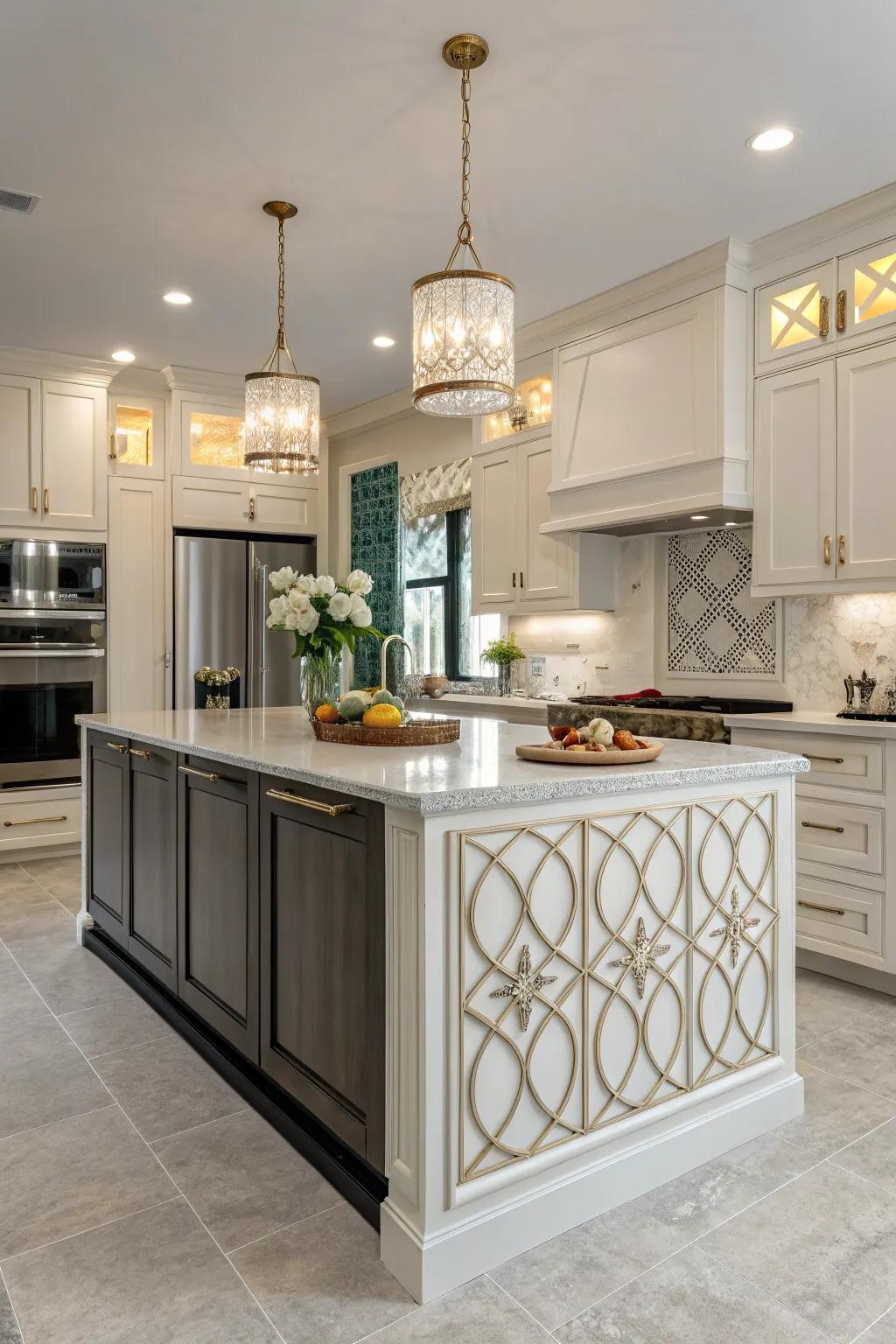 Decorative panels adding texture and elegance to the island.