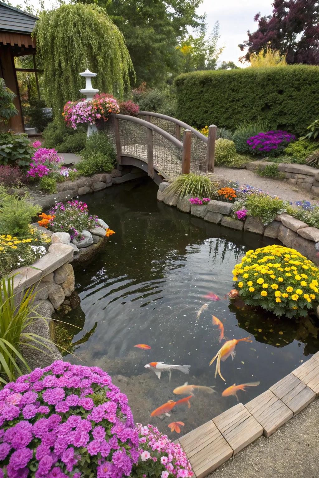 A creatively shaped koi pond maximizes the use of small spaces.