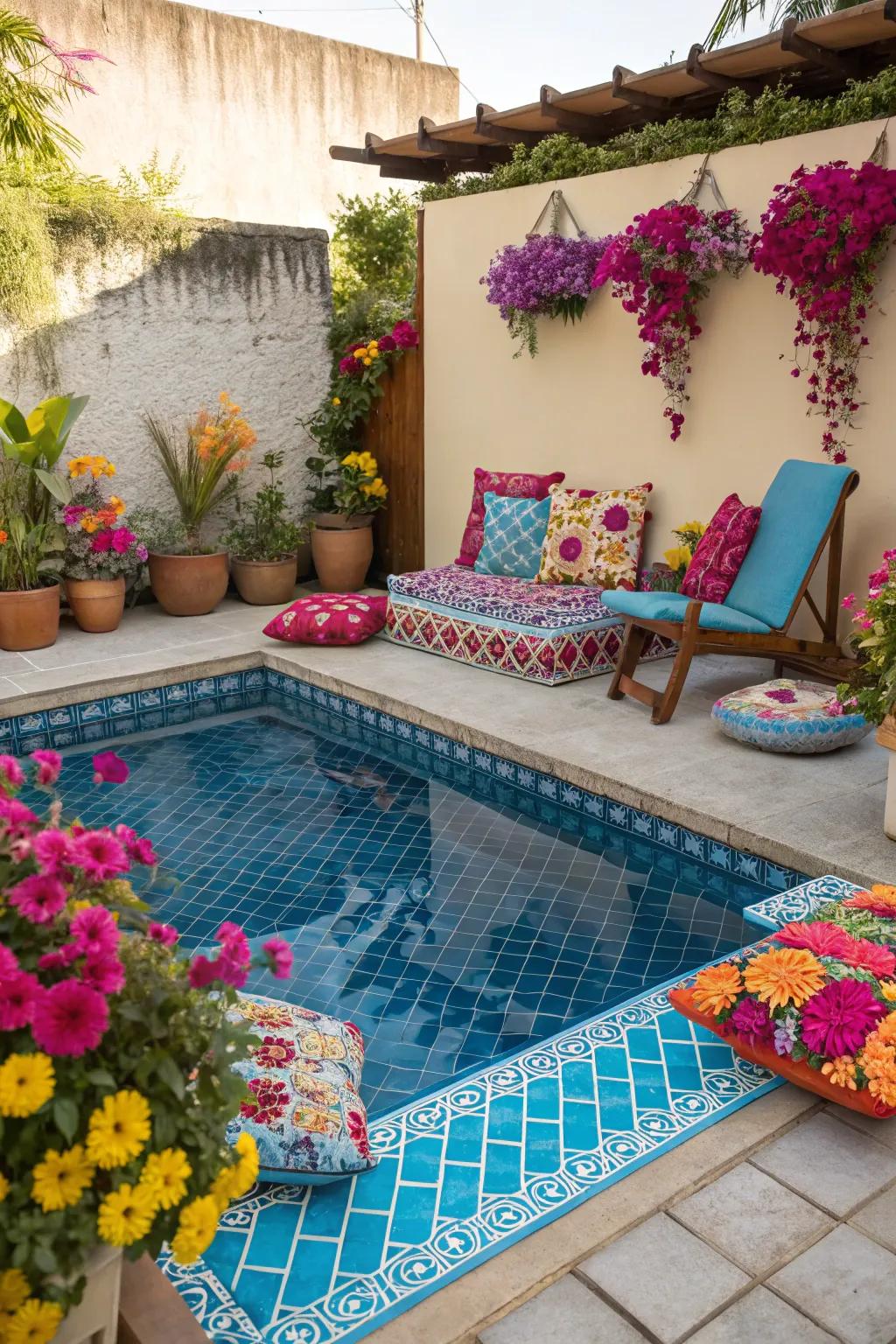 Striking colors making a pool area vibrant and joyful.