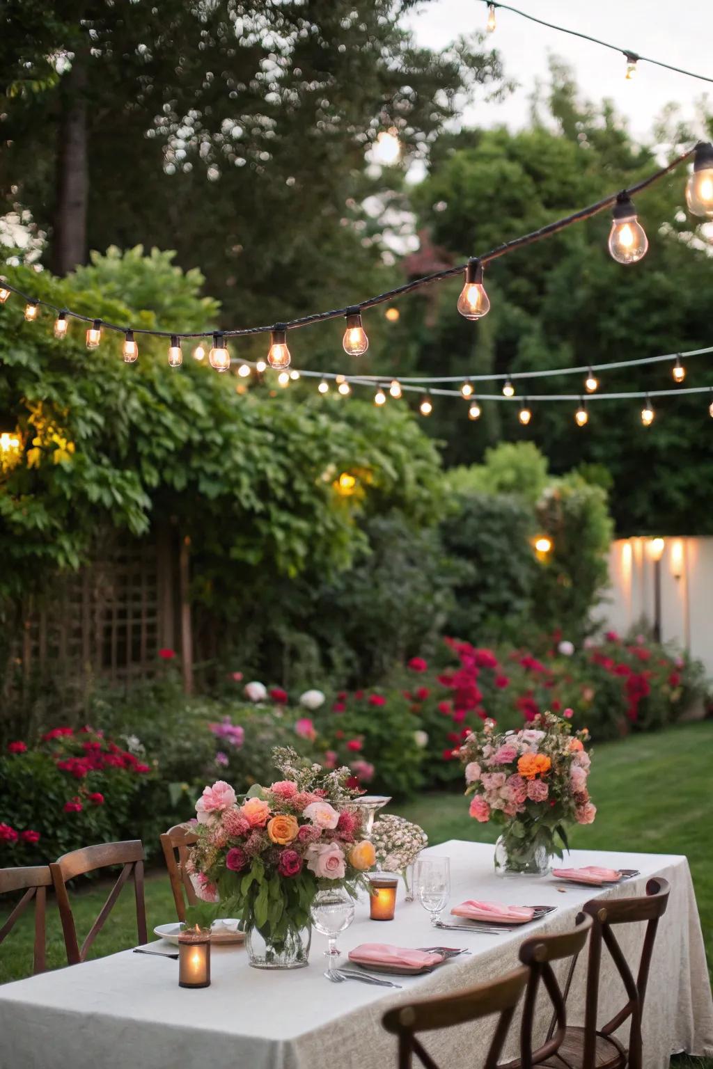 An outdoor garden party setup with lights and floral decor.