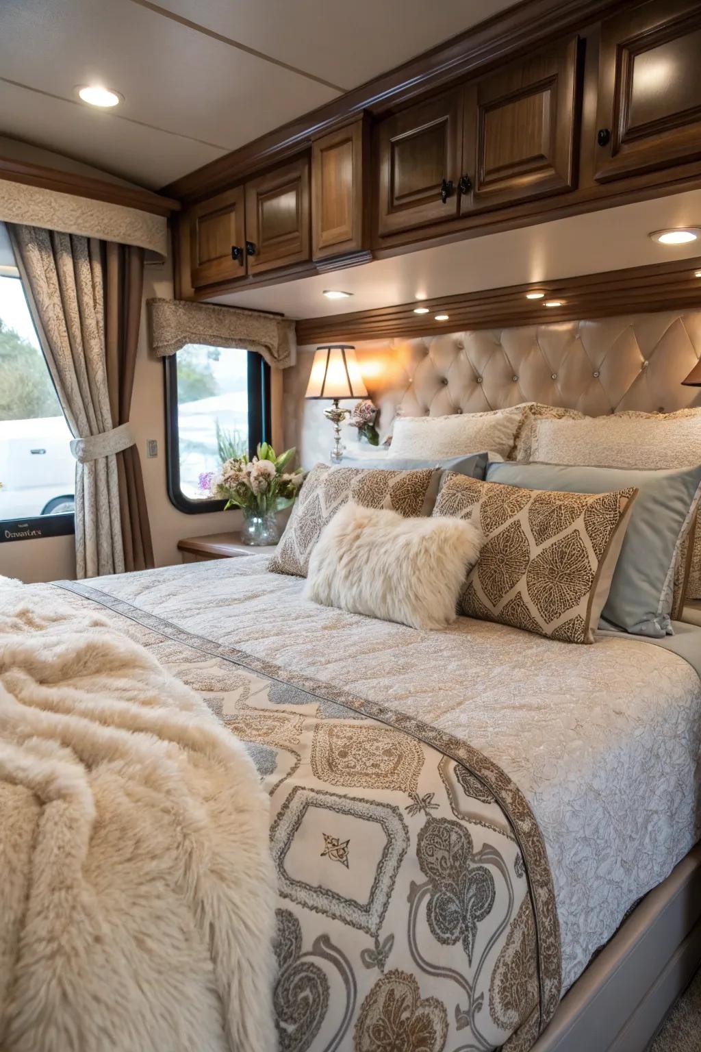 Luxurious bedding can turn your RV into a comfy retreat.