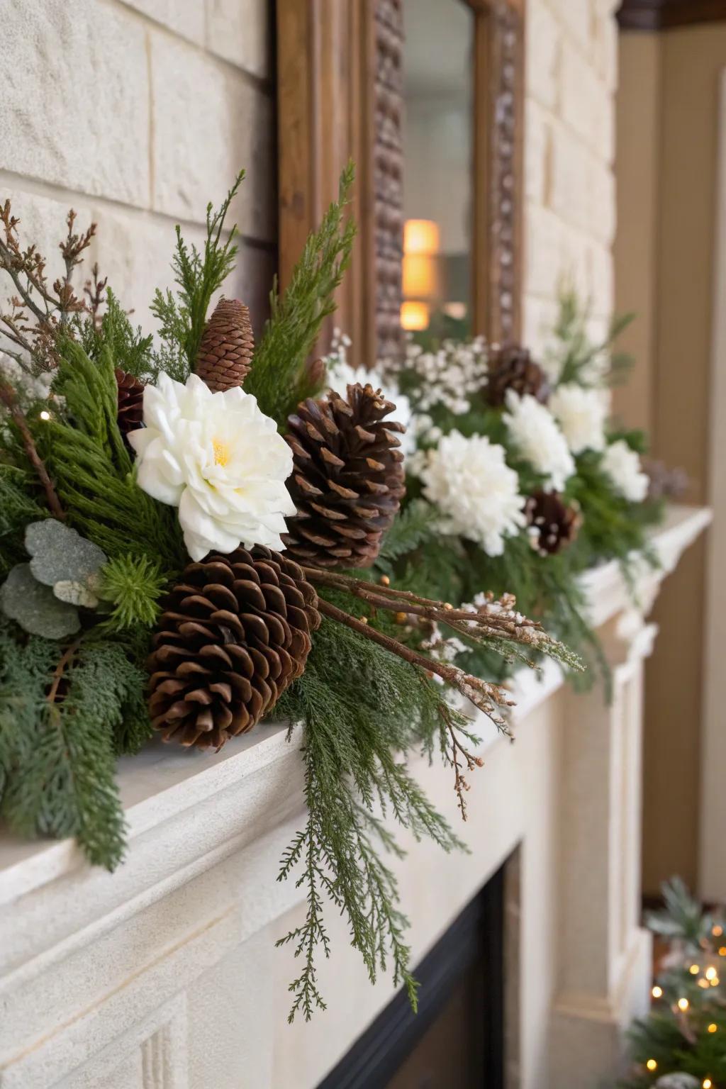 Tree nuts and evergreens craft a cozy winter theme at home.
