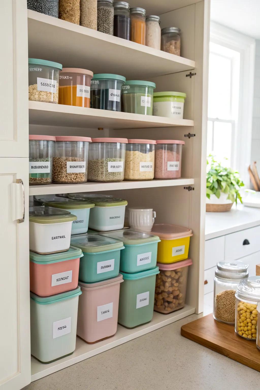 Stackable containers in a pantry, keeping items arranged and accessible.