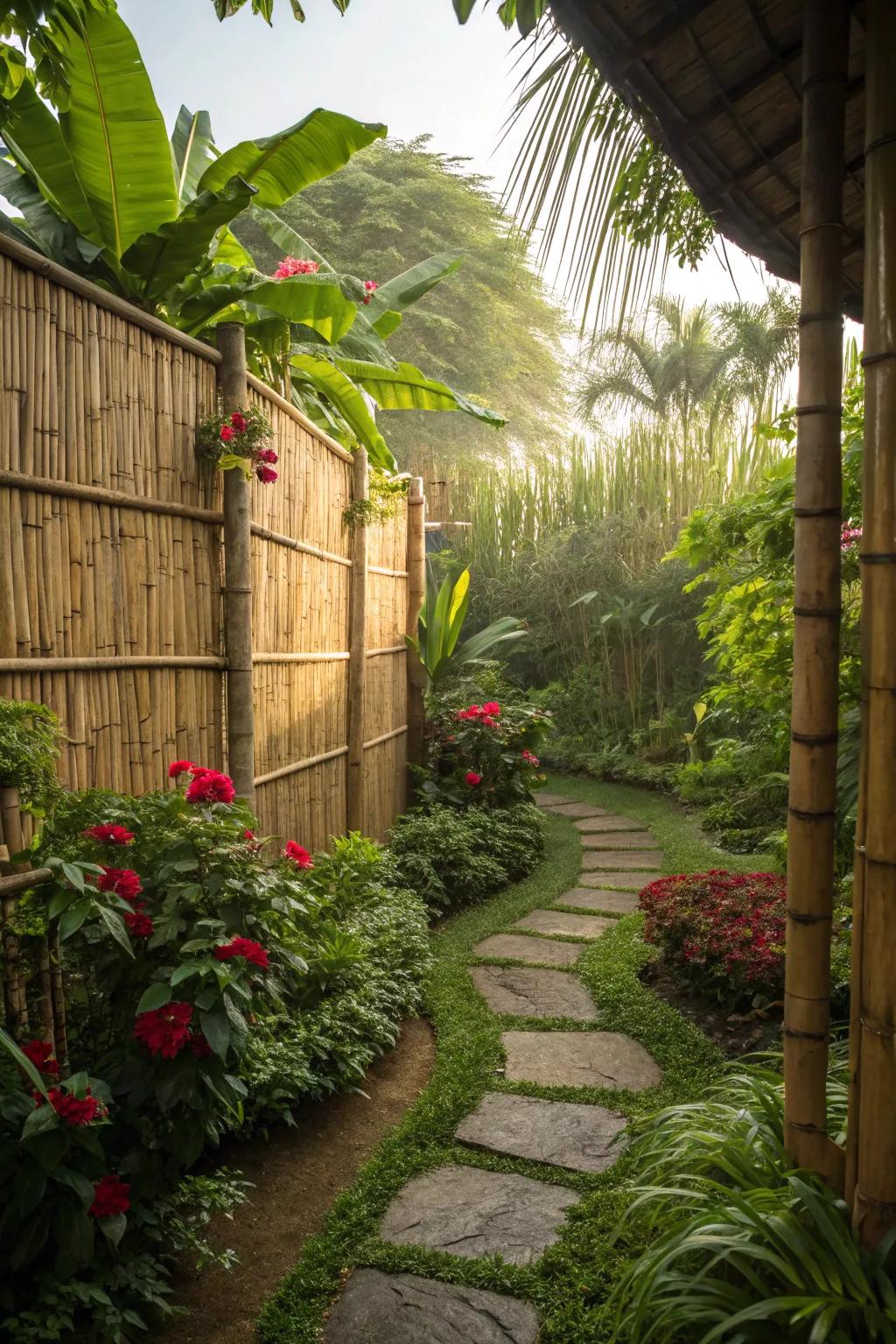 A bamboo fence offers both privacy and a hint of the tropics.