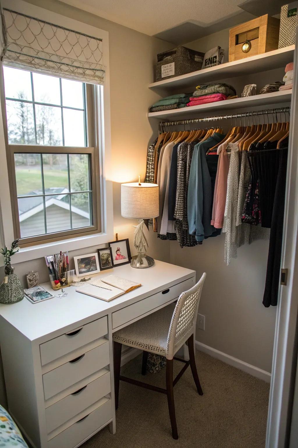 A small desk transforms the closet into a multifunctional space.