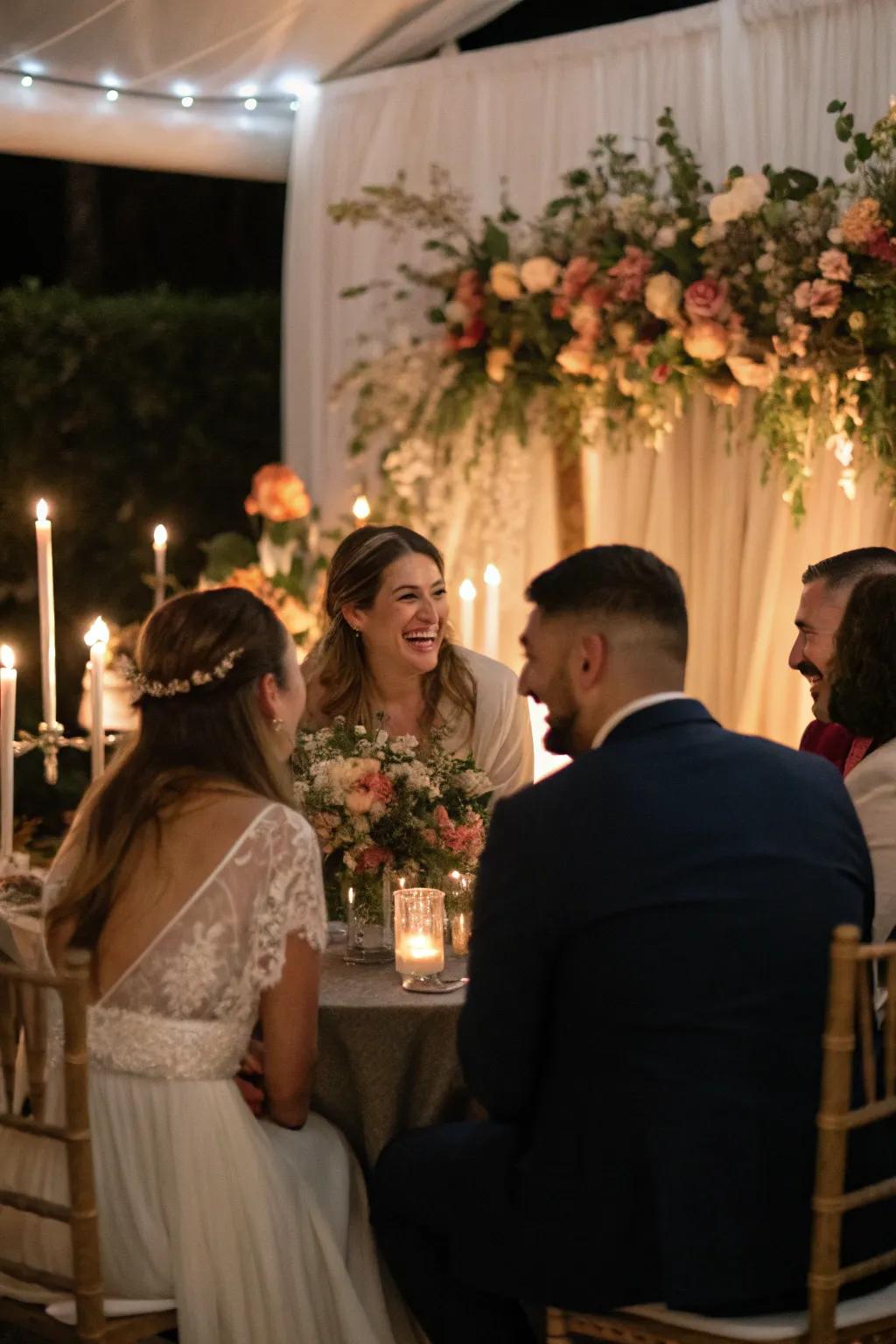 Attendees imparting heartfelt narratives, infusing warmth into the wedding commemoration.