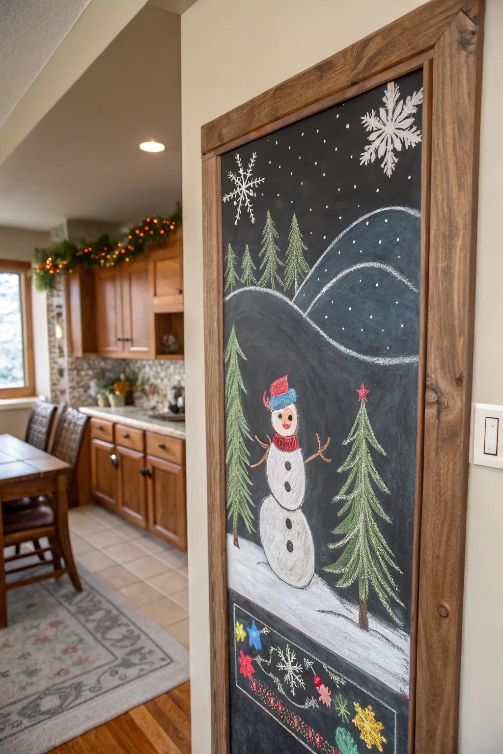 Snow figure chalkboard art offers creative seasonal design.