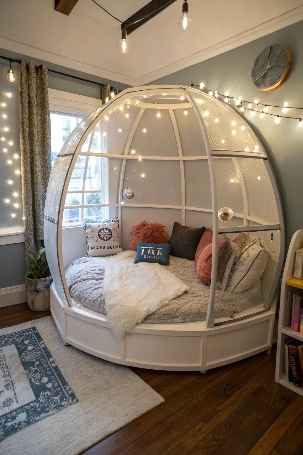 A space capsule reading nook that invites exploration through books.