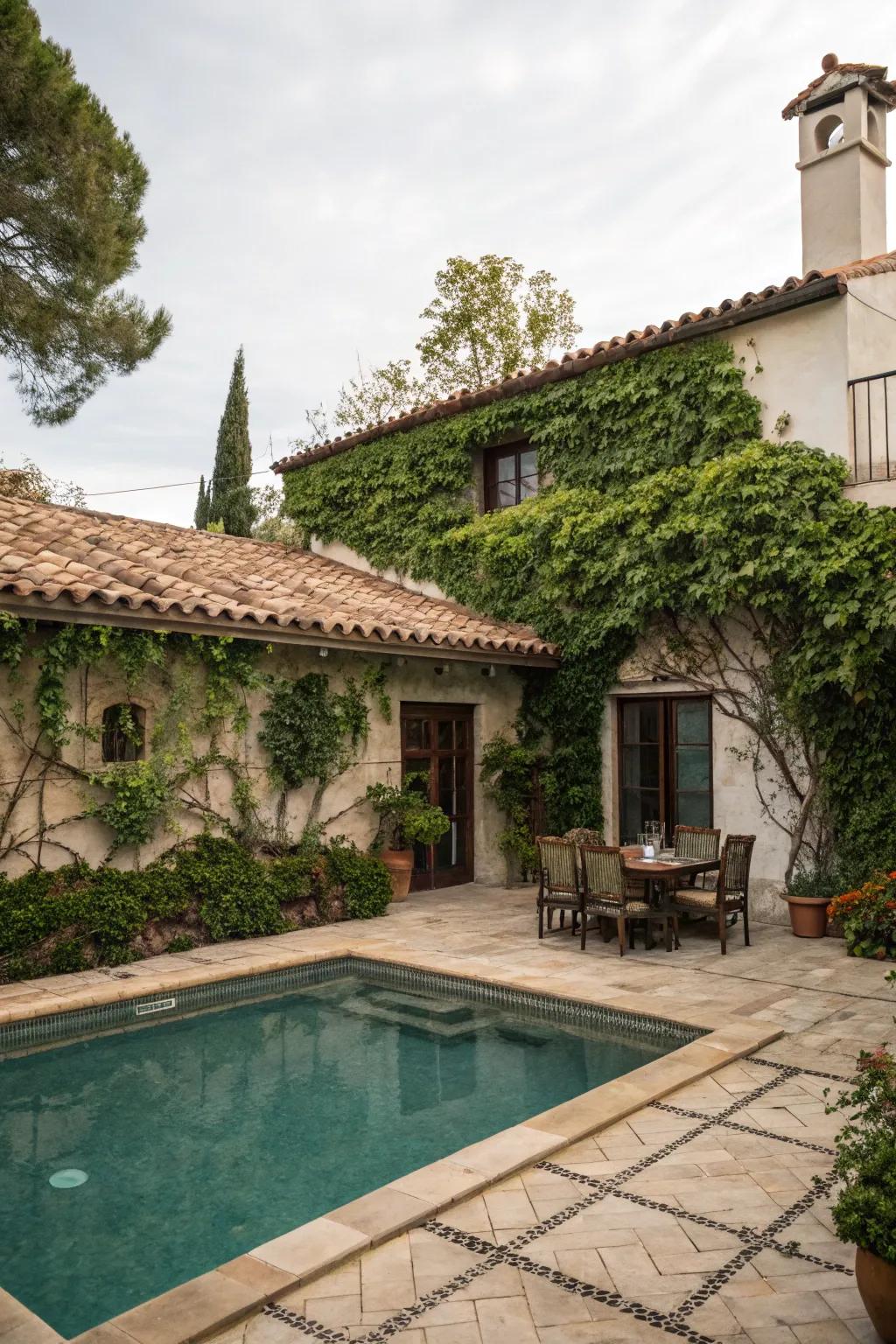 Vine-adorned walls add a rich, organic touch to this Spanish-inspired getaway.