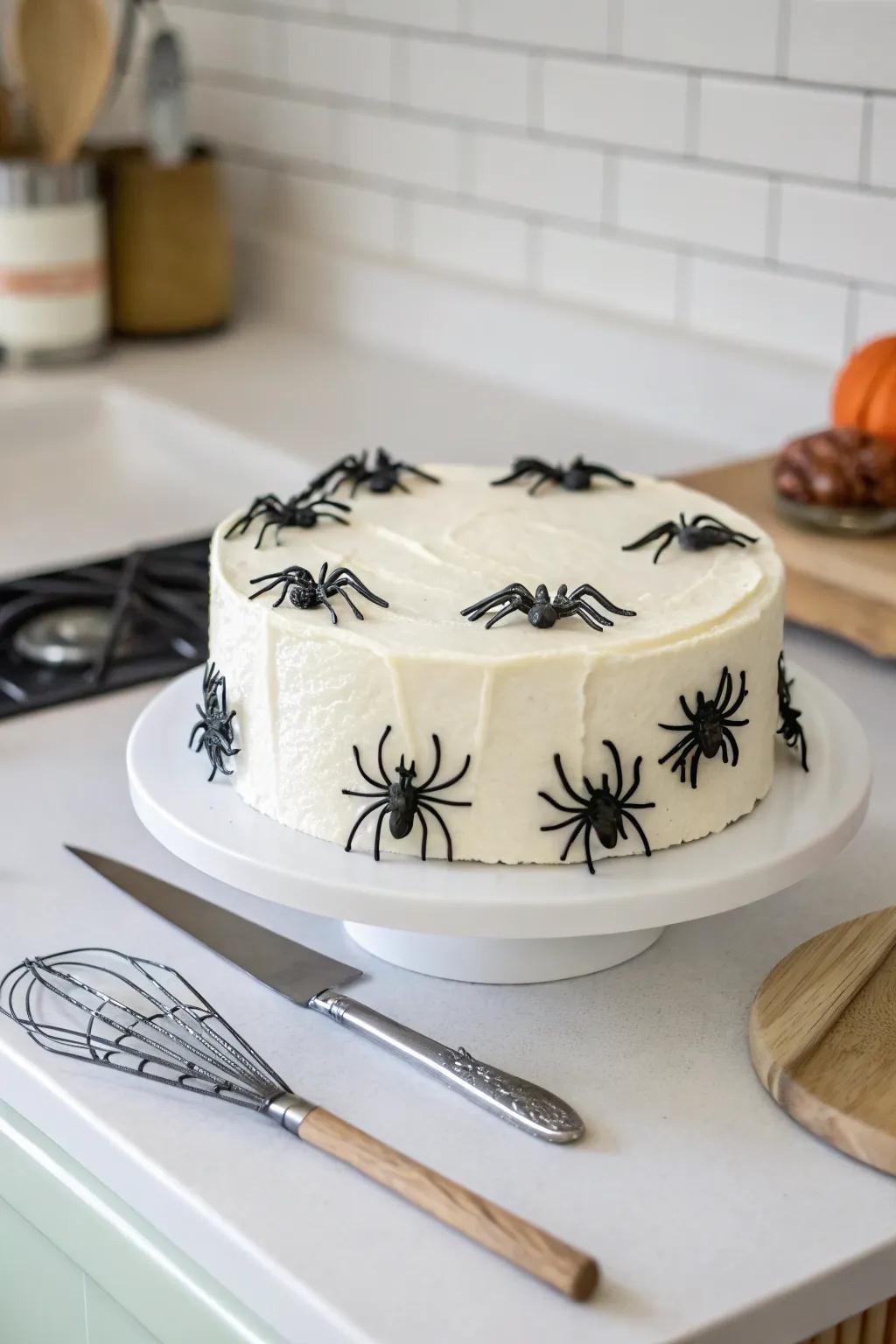 Edible summits render this arachnid cake both delectable and ornamental.
