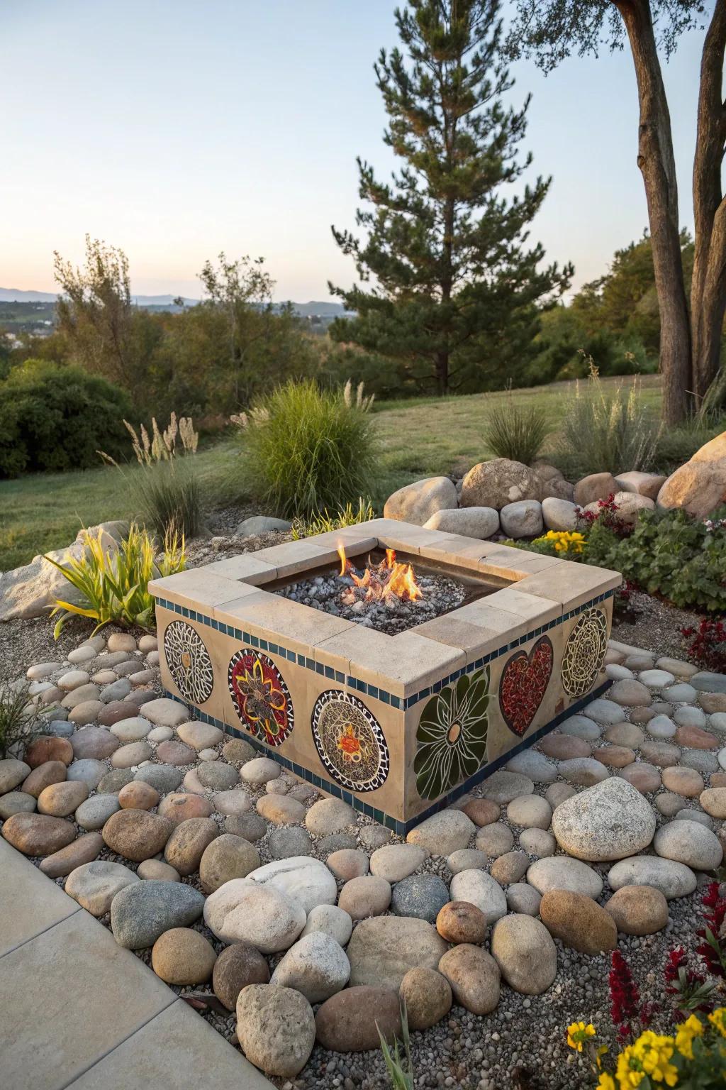 Mosaic work infuses fire pits with an artistic touch.