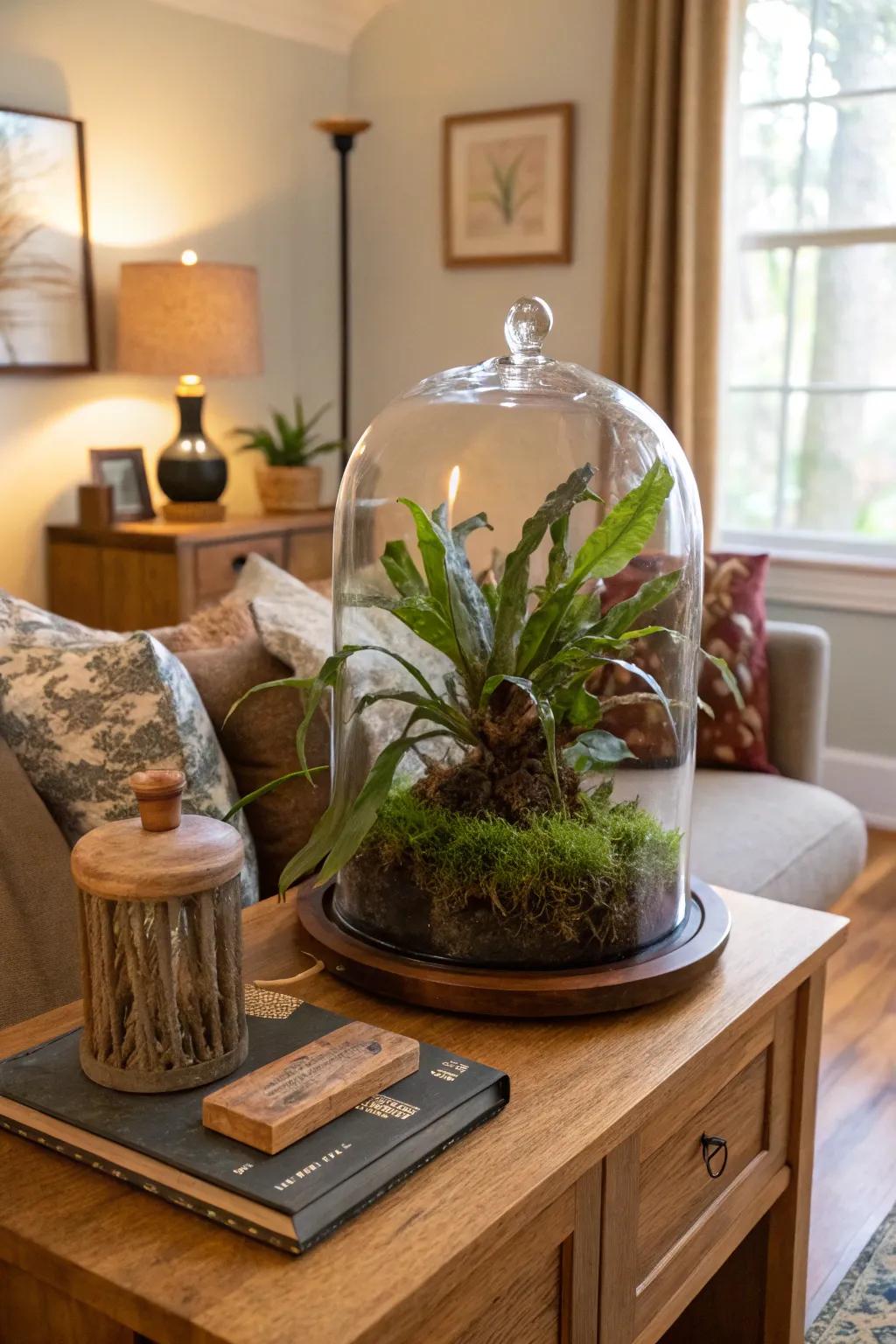 A glass glasshouse adds a magical element to a staghorn fern display.