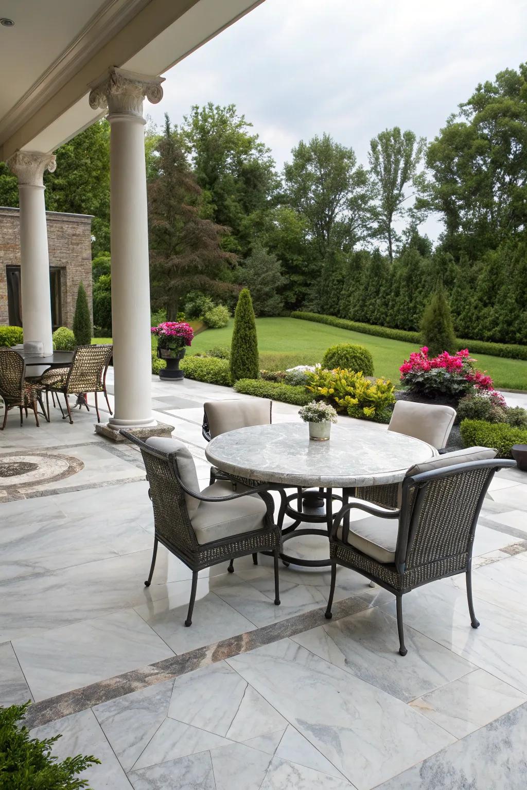 A luxurious marble-esque patio achieved with concrete dyes.