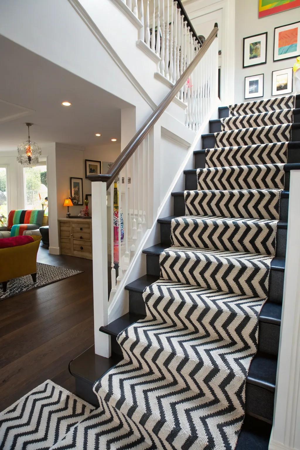 Chevron designs add dynamic movement to your staircase.