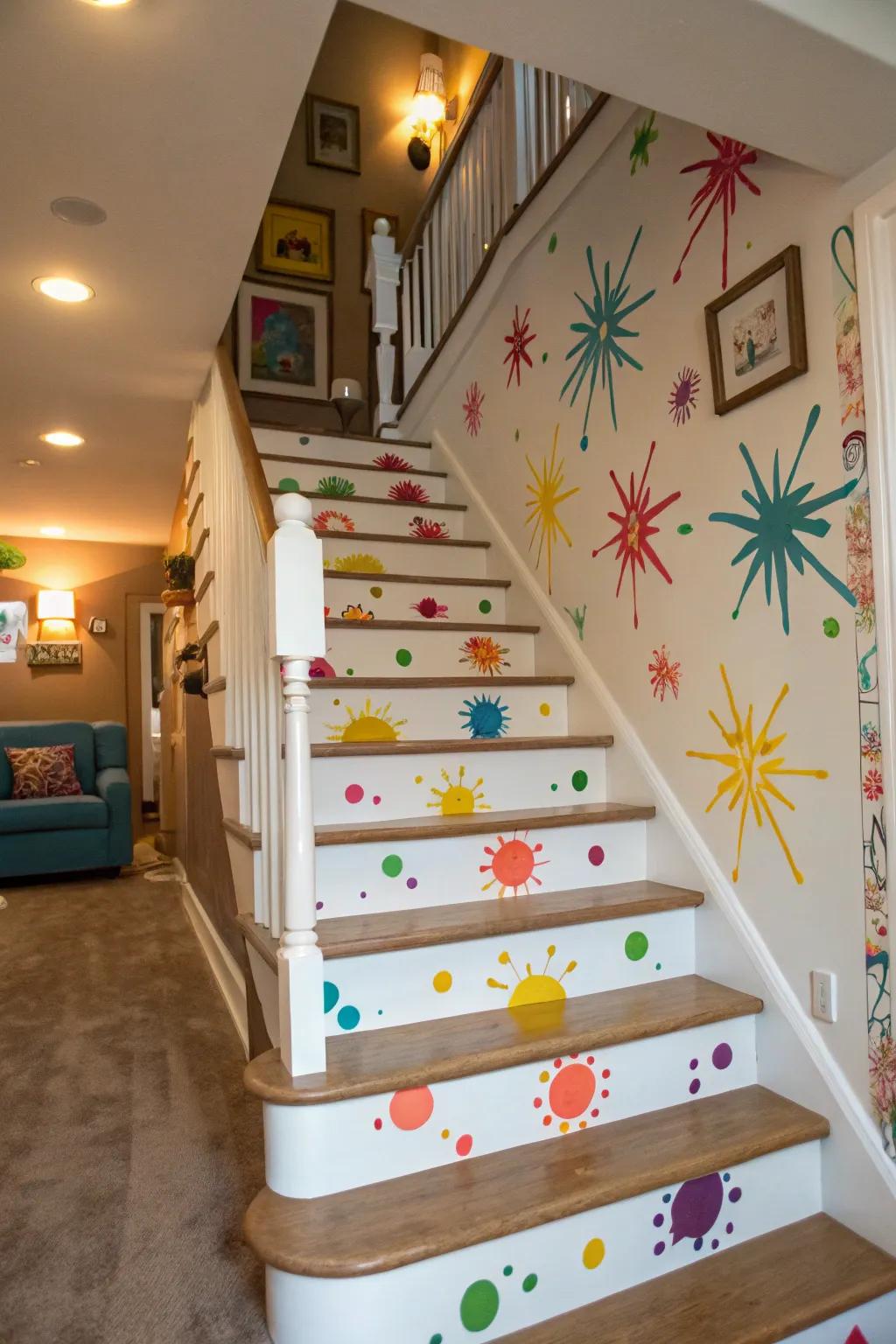 Unforeseen color bursts append a playful accent to this whimsical staircase.