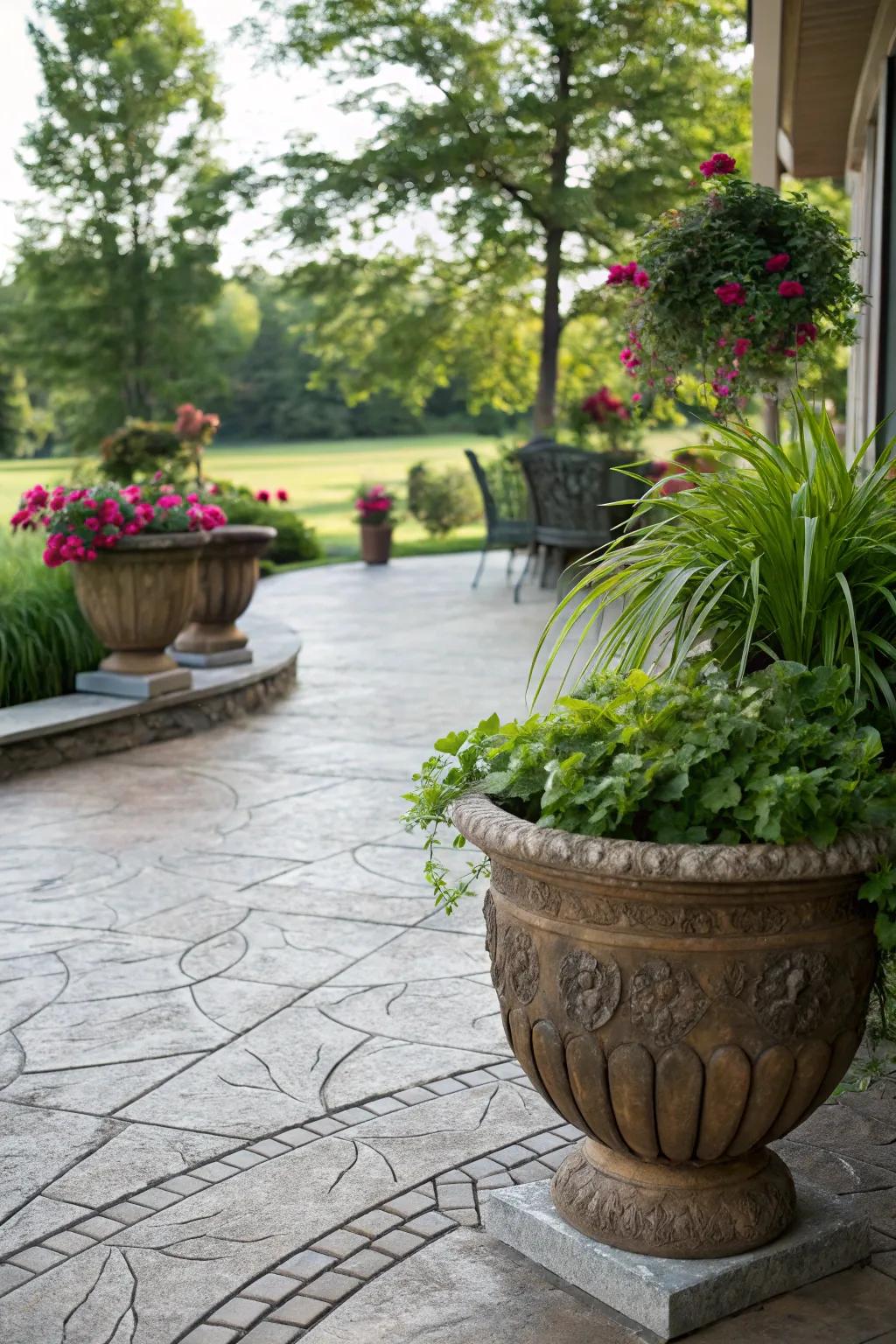 A stamped concrete patio enriched with vibrant plants.