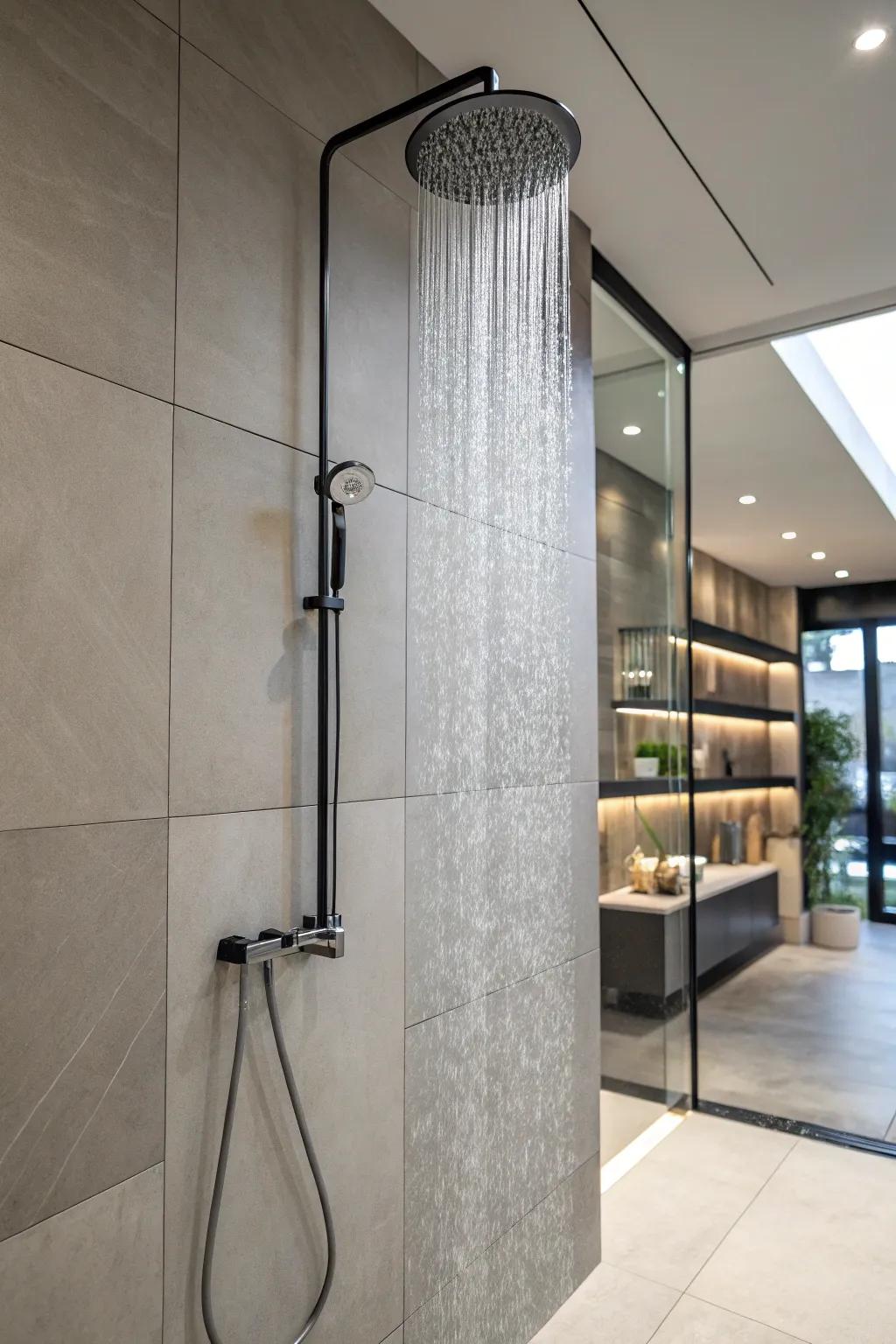 Large tiles generate a spacious and seamless look in a shower.