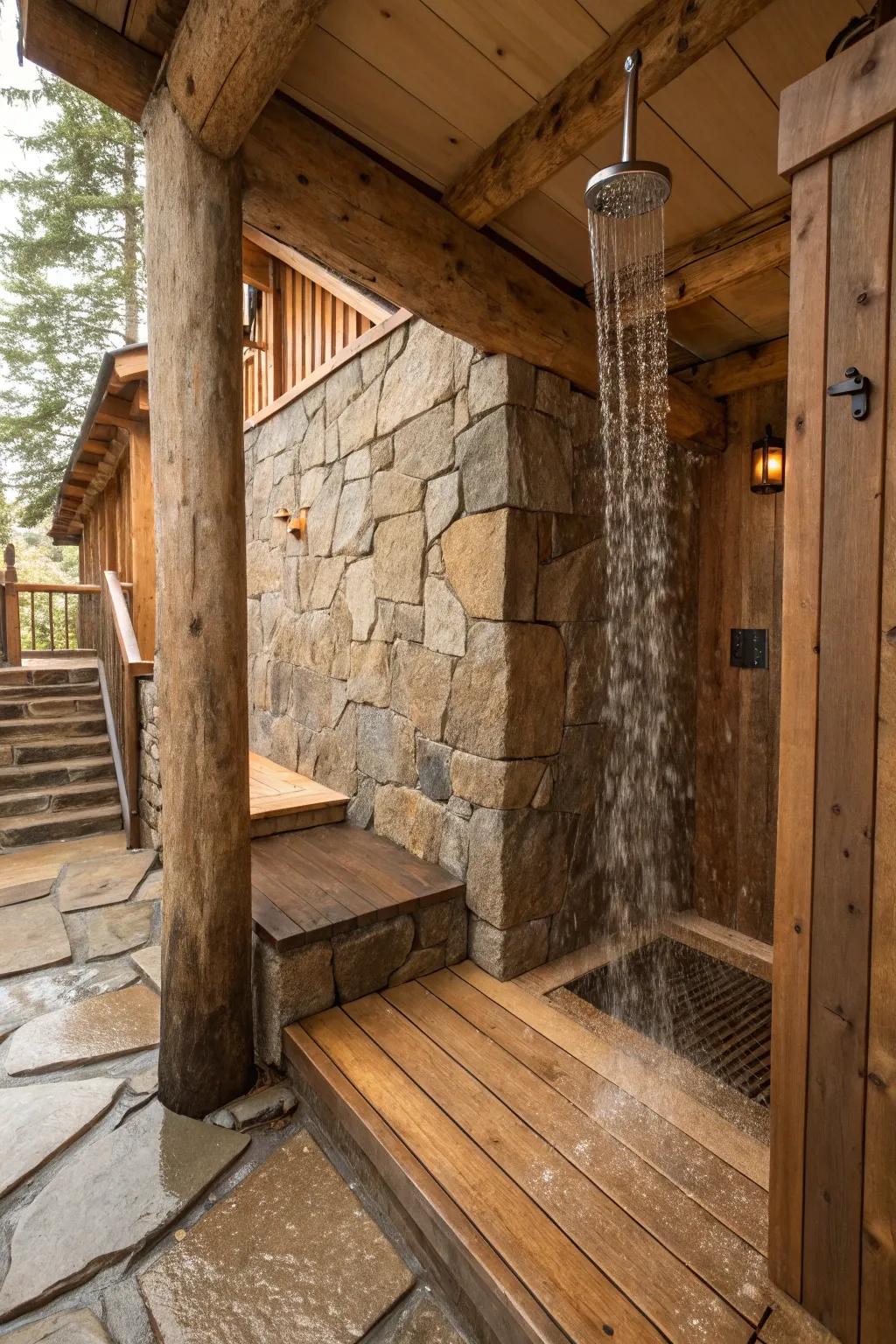 Step-down shower featuring country-styled timber including stones for a warm feel.