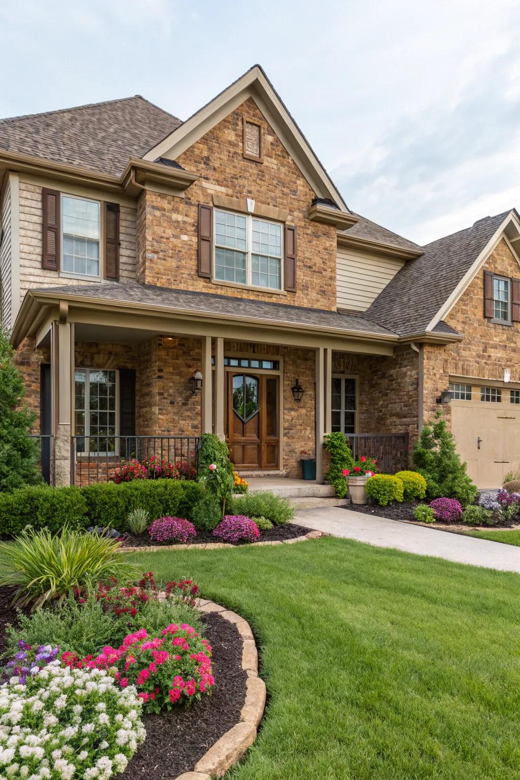 Warmth and texture achieved by using brown brick and sandstone overlay.