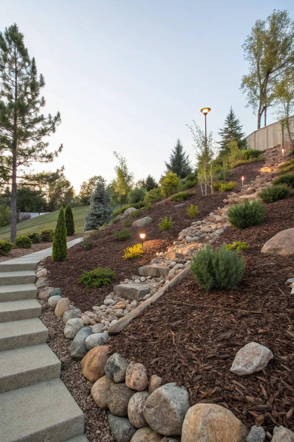 Safeguard and beautify slopes with mulch and stones.