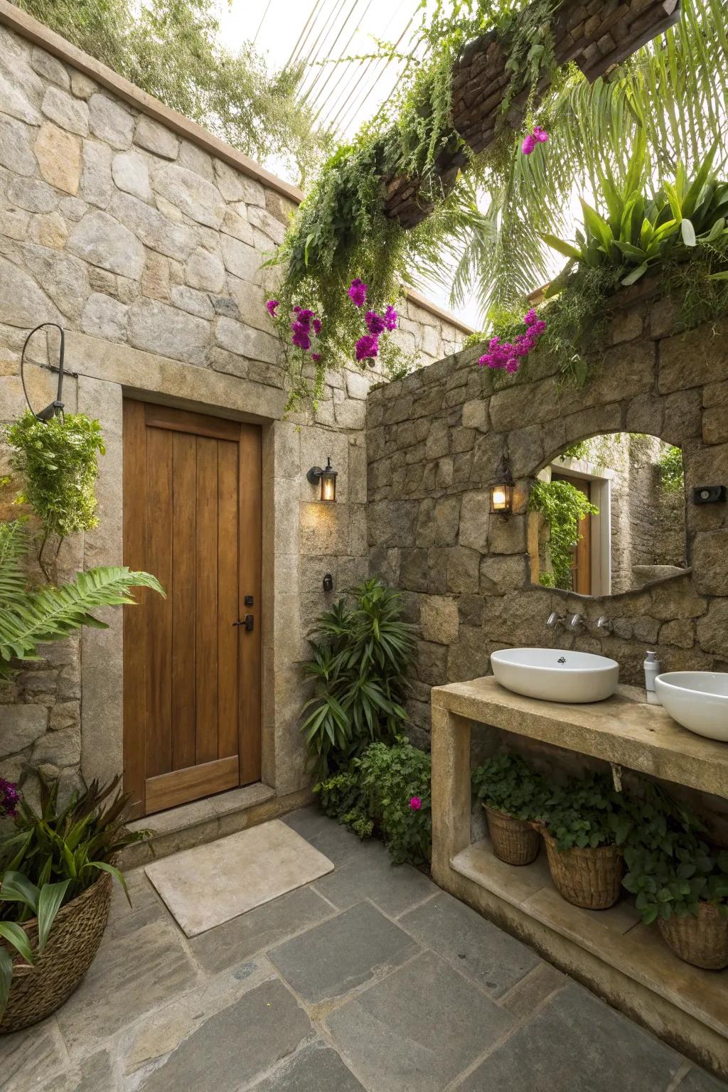 A stone bathroom completed by lush greenery and natural design.