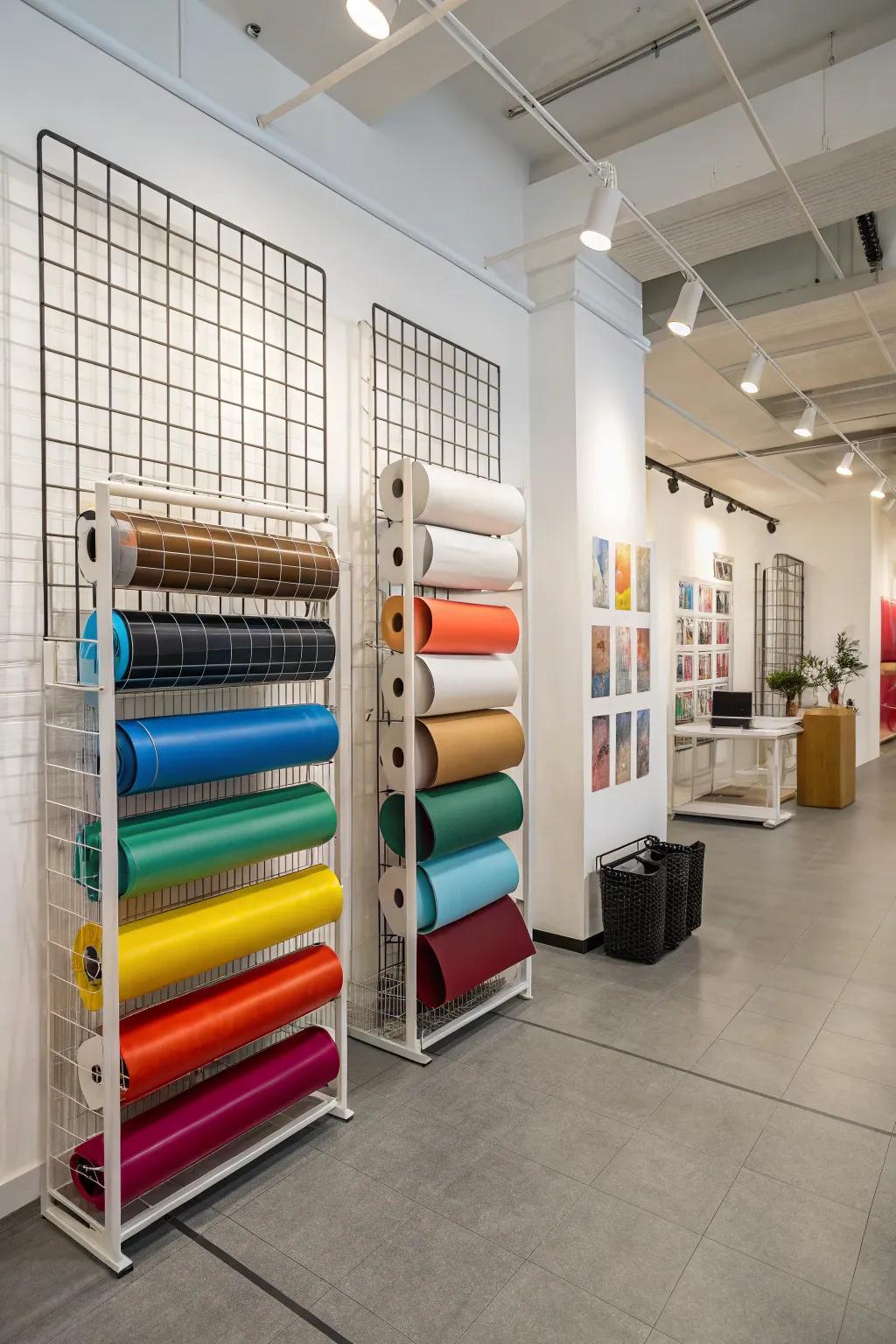 Panels of wire grid create a dynamic storage display for vinyl rolls.