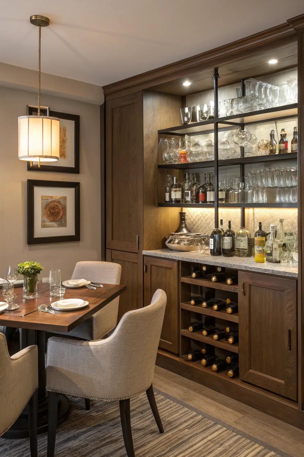 The dining area has a mini-bar set up on the accent wall.