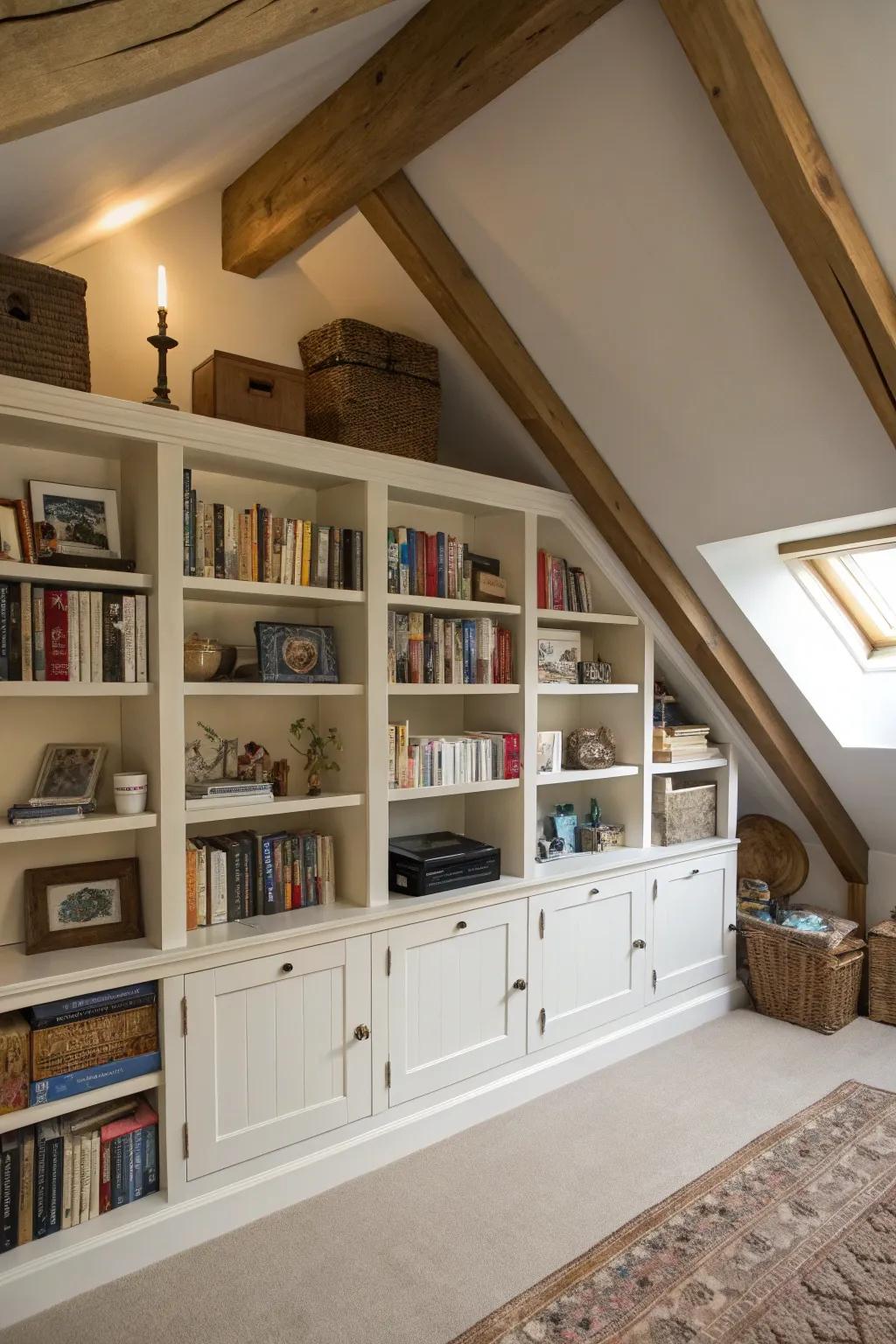 Built-in shelves that make use of the architecture are present in the attic room.