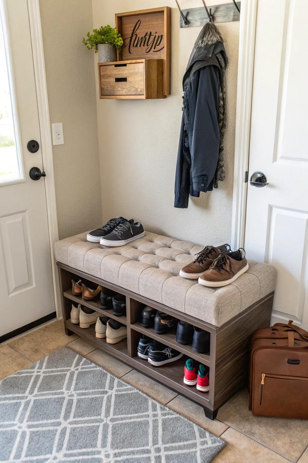 Merge seating with storage by adding a shoe ottoman.