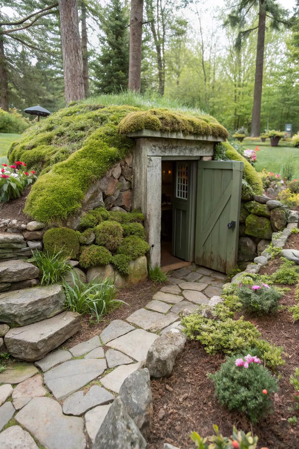 Verdant highlights add an enchanting, forest-like essence to your storm shelter.