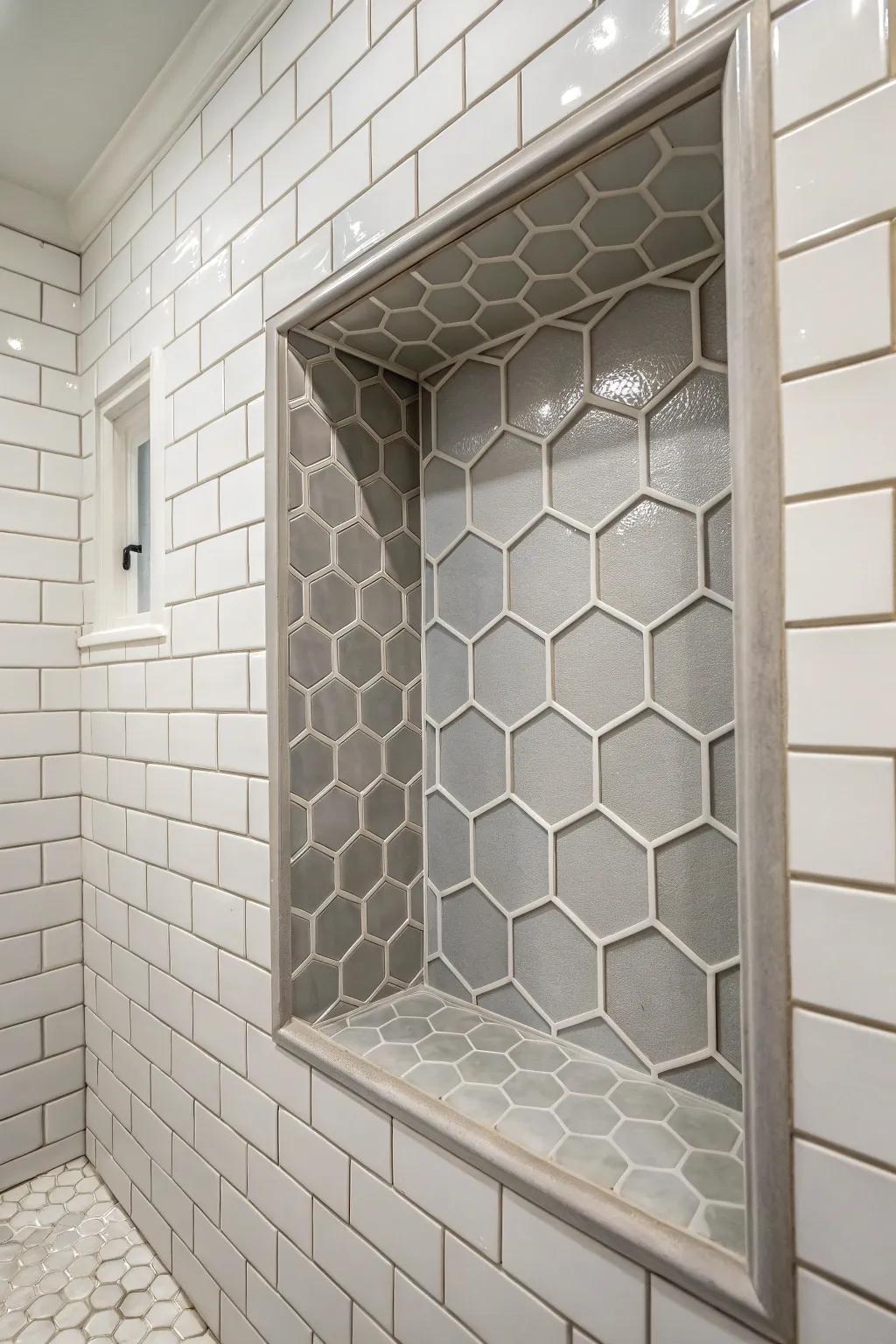 A modern niche enhanced by hexagon tile accents.
