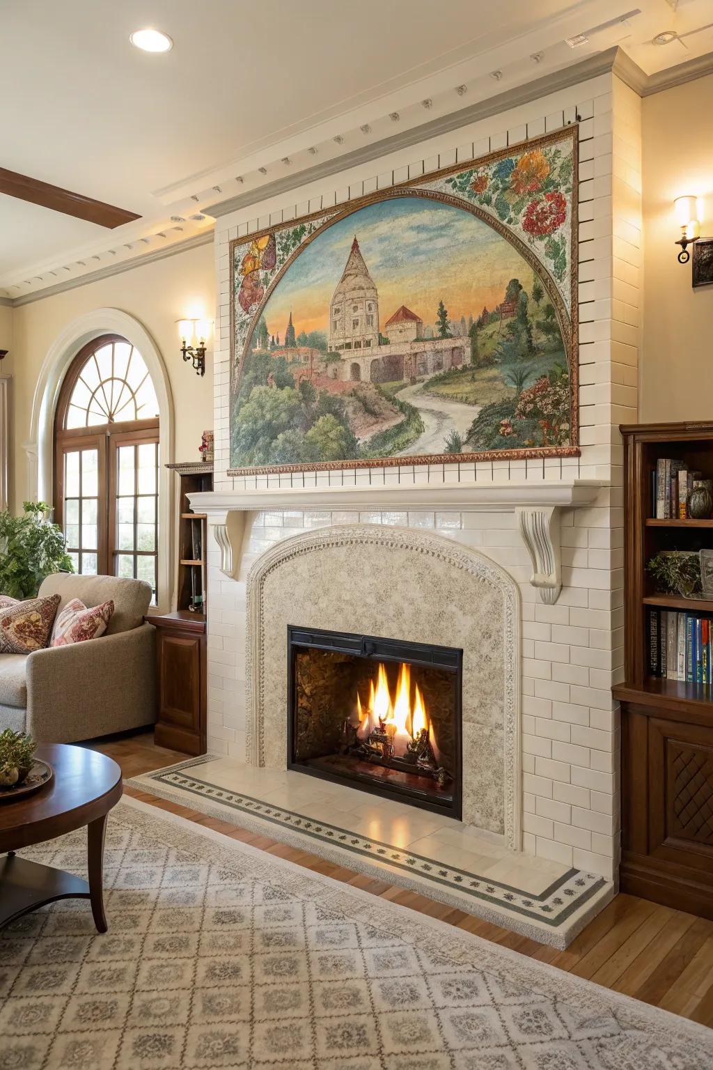 Artistic murals transform this rectangular tile fireplace into a storytelling centerpiece.