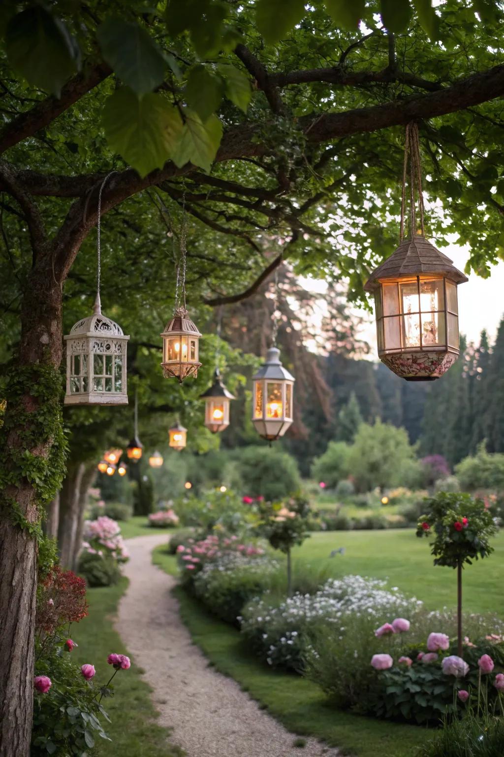 A garden decorated with whimsical hanging fixtures.