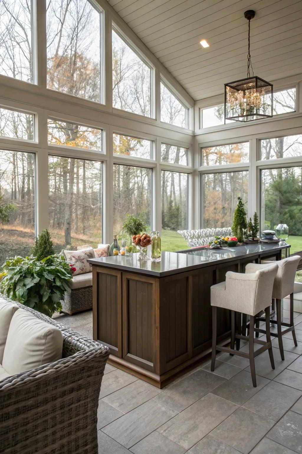 An inviting indoor-outdoor bar in the sunroom.