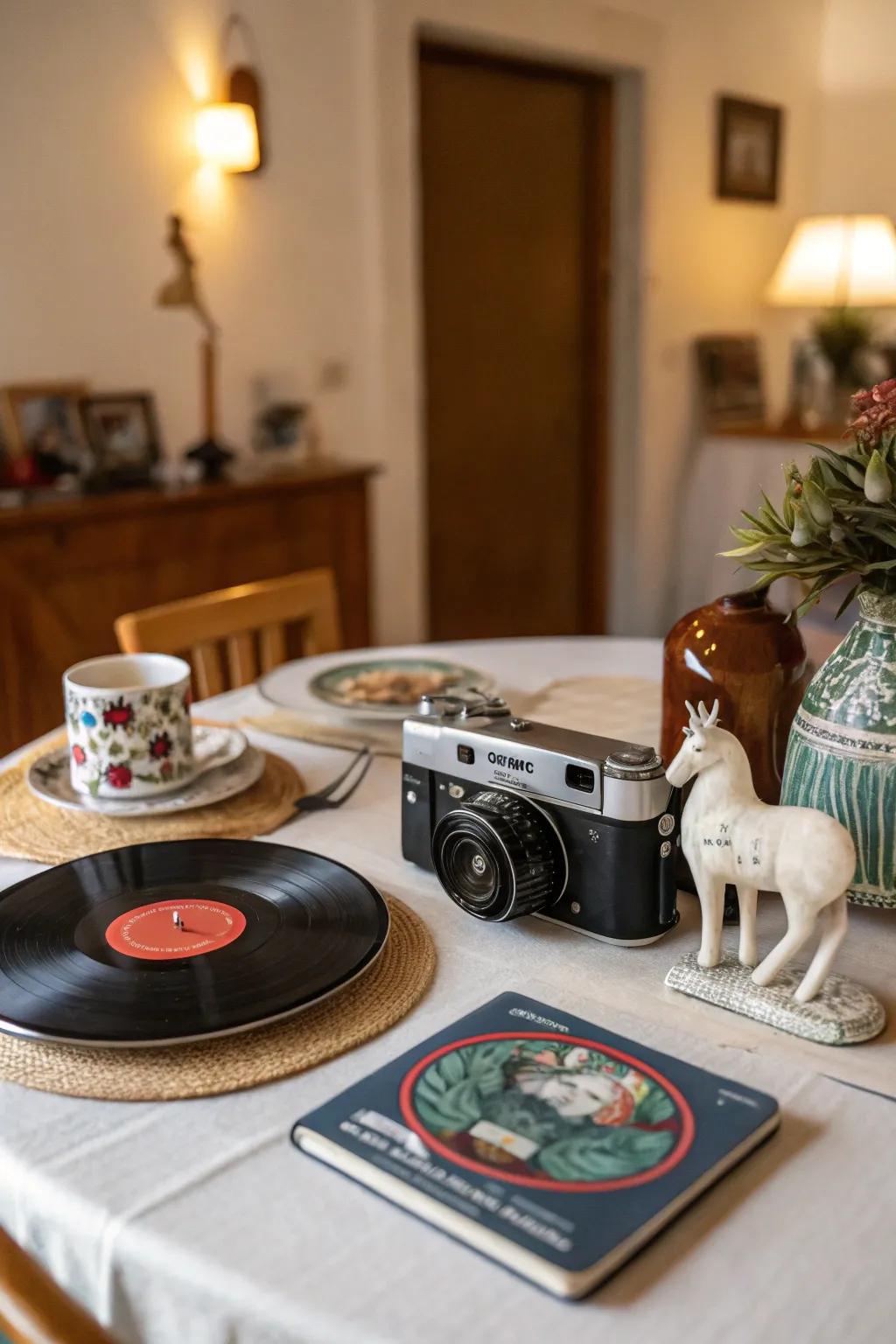 A tailored centerpiece displaying individual artifacts.