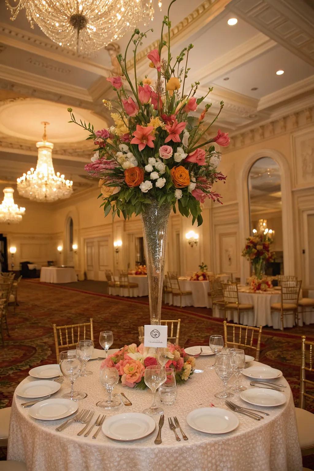 A tall vertical floral arrangement adds drama and elegance to the table.