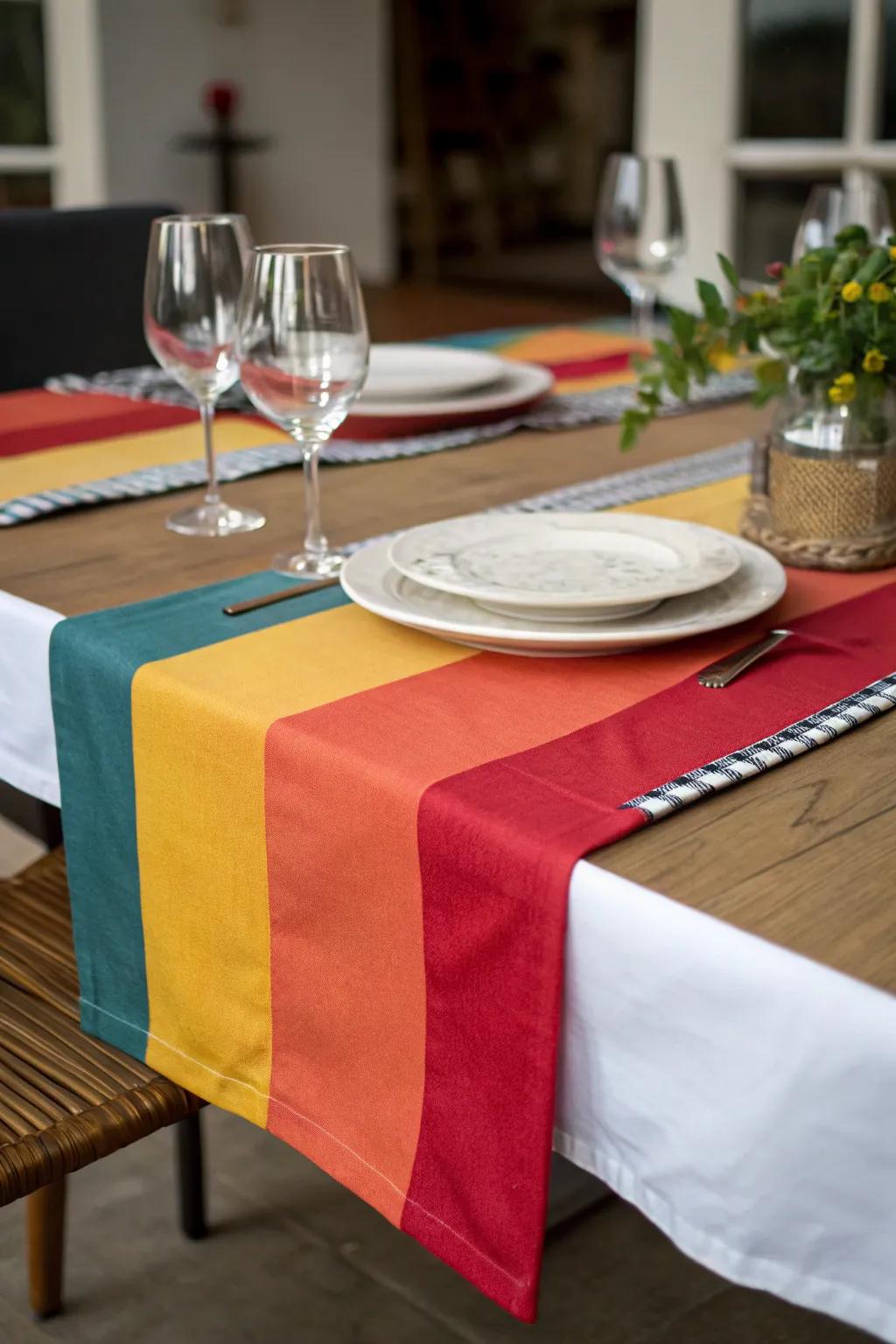 A color block table runner for a dynamic and energetic dining atmosphere.