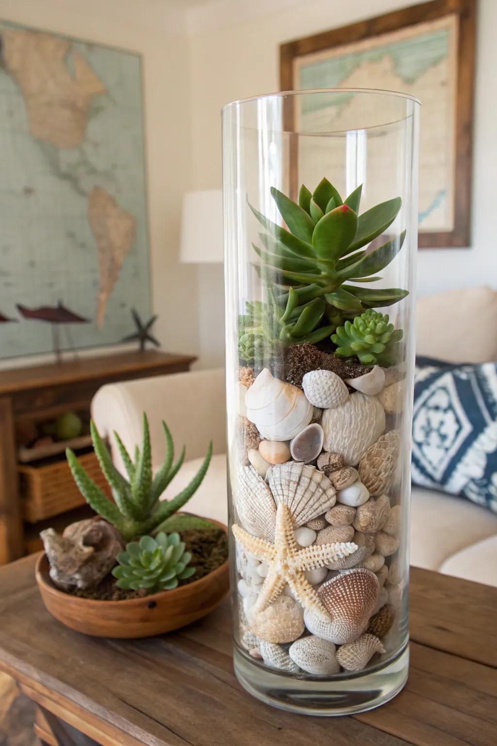A tall glass vase packed with clamshells and succulents, enhancing a coastal-themed interior.
