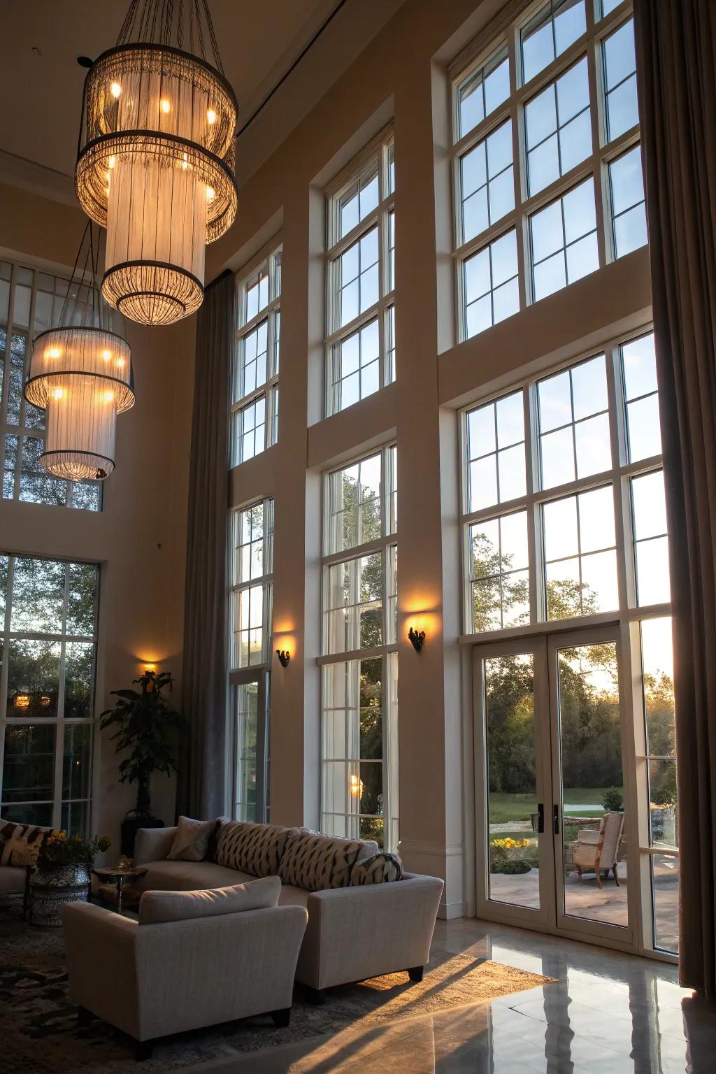 Unique light fixtures complementing tall windows.