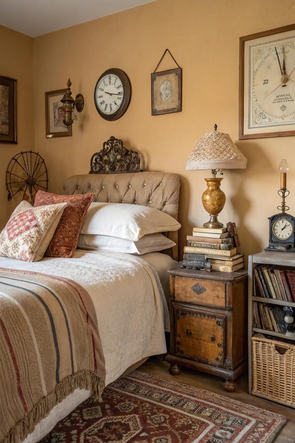 Vintage pieces add character and charm to the beige bedroom.