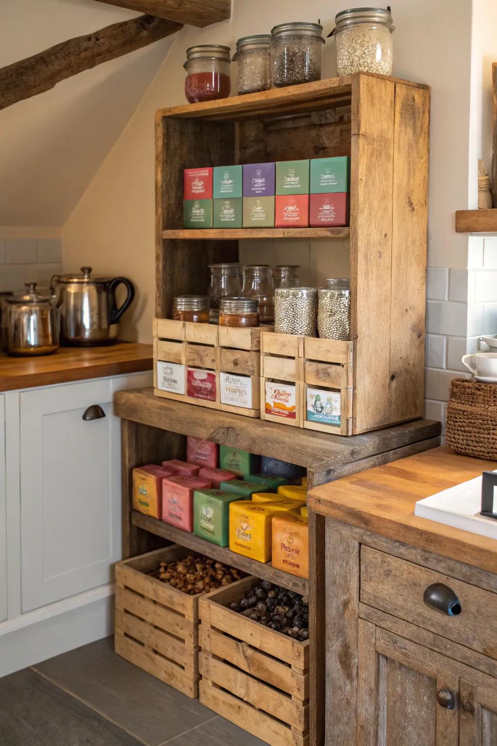 Country-style wood crates for storing tea.