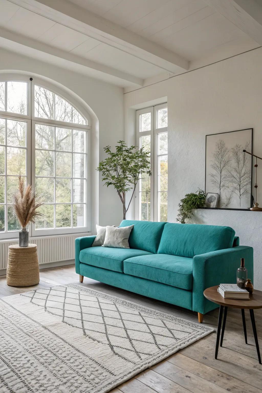 A minimalist approach highlights the allure of a cerulean sofa.