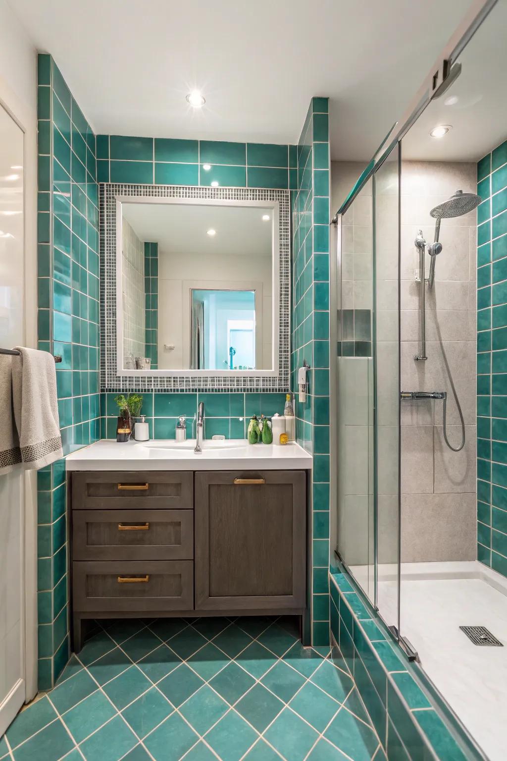Turquoise tile lines add shape and beauty to your bathroom.
