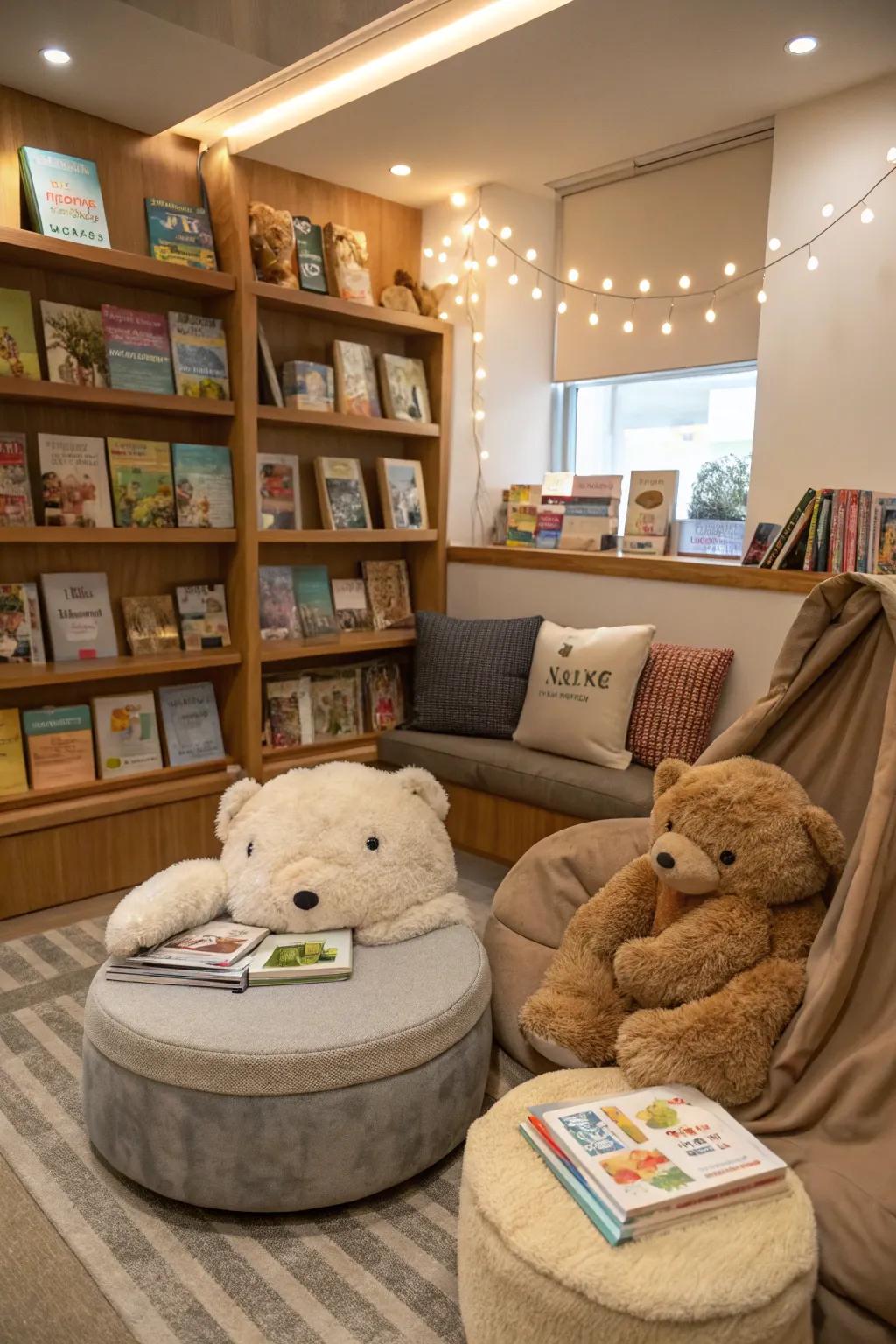 A story corner offers a quiet escape for guests of all ages.