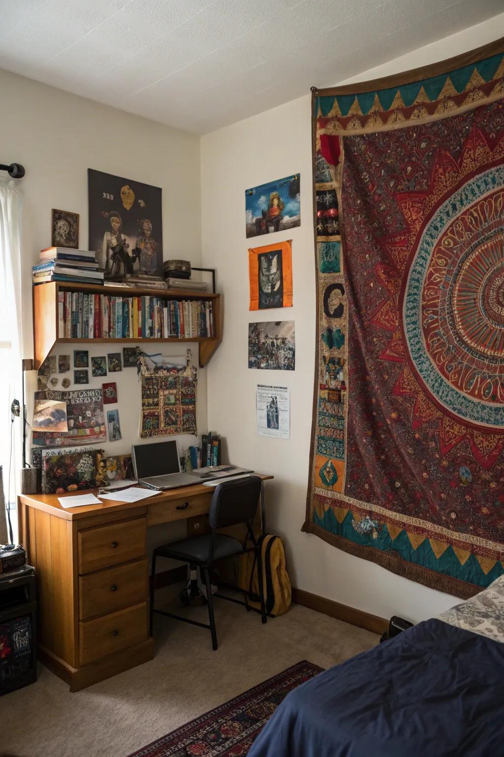 A versatile tapestry adds a personal touch to this teen boy's room.