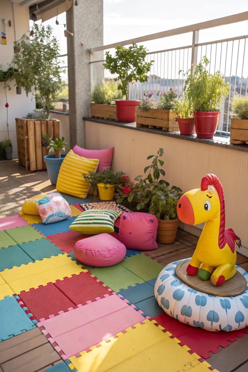 Rubber tiles offer a fun flooring option for terraces.