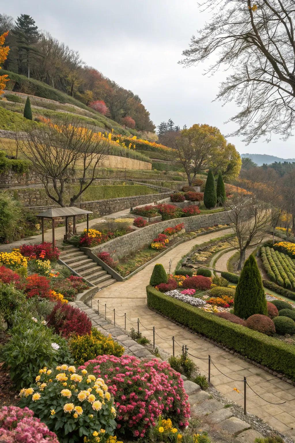 Seasonal decor in a terraced garden, ensuring the space remains fresh and inviting throughout the year.