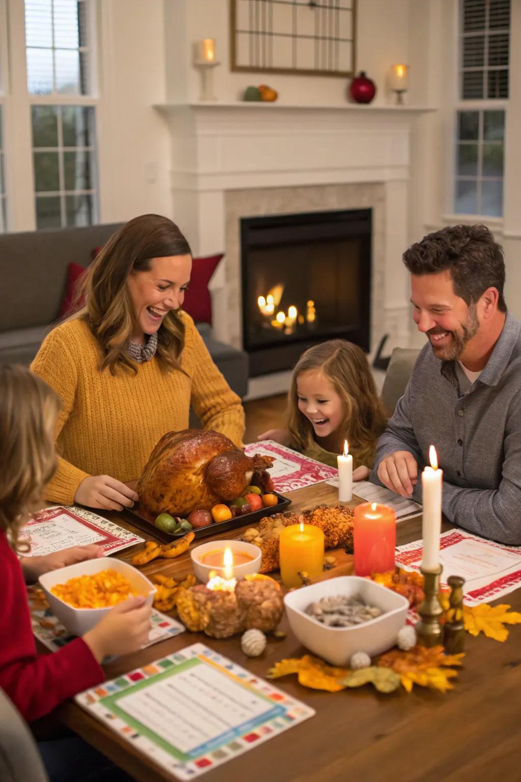 Family members deep in thought during a cordial Thanksgiving trivial facts match.