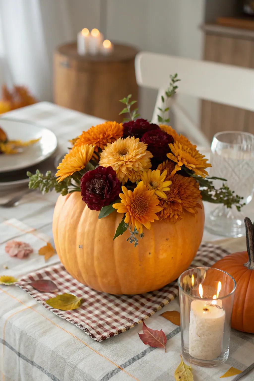 Adaptable pumpkin vessels fashioned for pristine floral presentations.