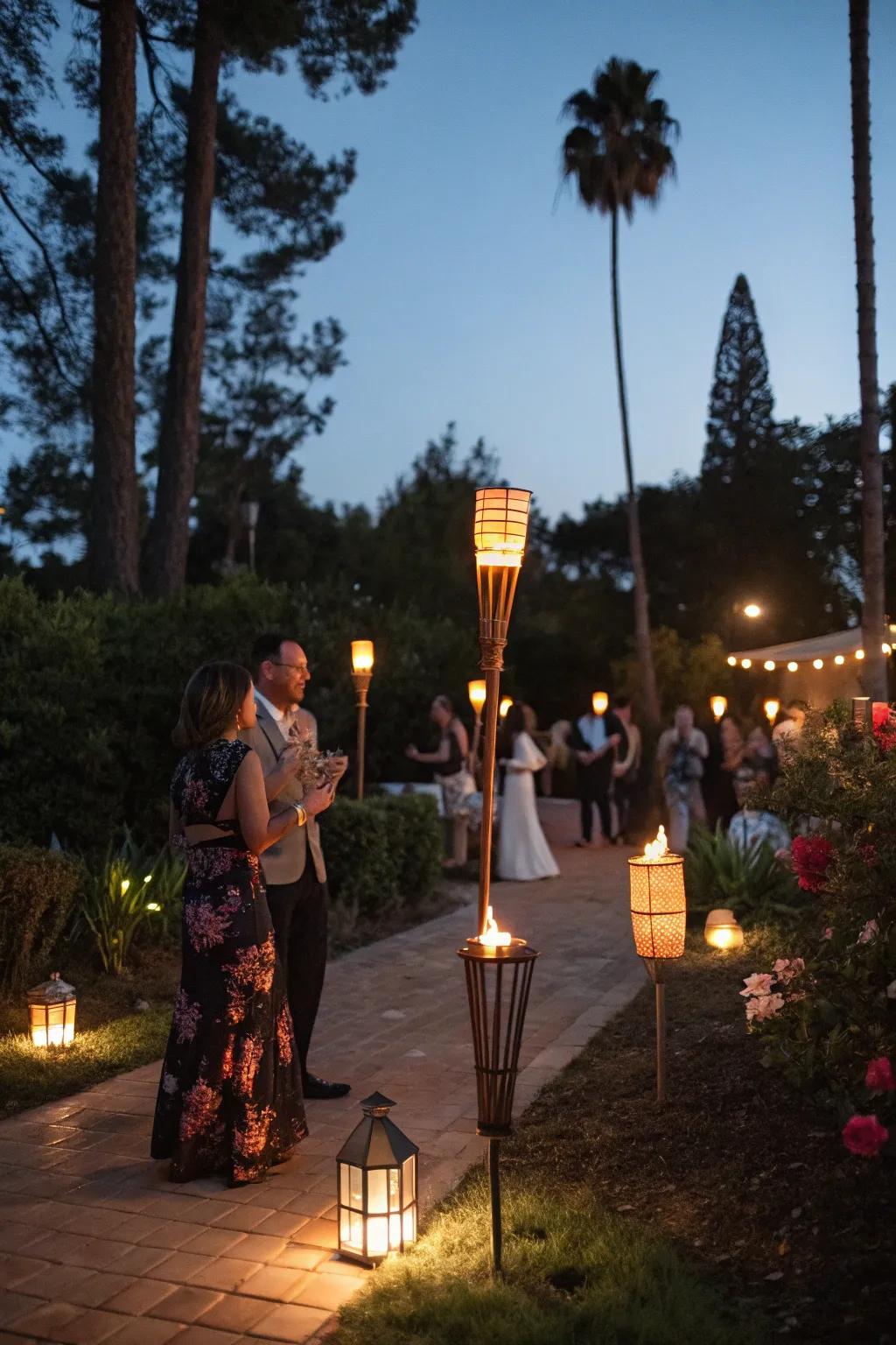 Enhance your lighting utilizing flame poles and lanterns.